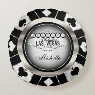Personalise Silver, Black and White Poker Chip Round Cushion