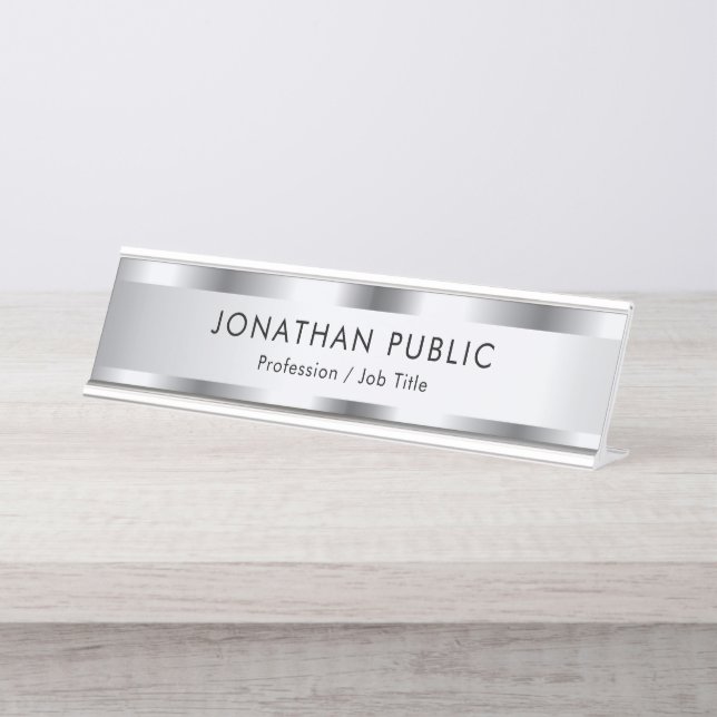 Personalise Silver Look Glamourous Elegant Modern Desk Name Plate (Front)