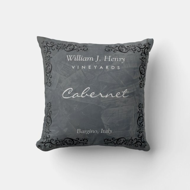 Personalise Slate And Black Scroll Wine Cushion (Front)