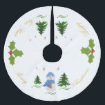 Personalise, Snowman, Christmas tree, twig Brushed Polyester Tree Skirt<br><div class="desc">Personalise, Hand sewn snowman from white sock and filled with grain, crochet blue hat and scarf and glued eyes and mouth black plastic and glued nose from red pearl. Hand cut Christmas twig. Four green Christmas tree and Christmas stars. *Every things you see on the products are hand made, but...</div>