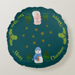 Personalise, Snowman, Christmas tree, twig Round Cushion