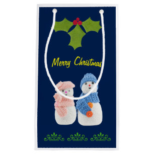 Personalise, Snowman&Snow woman on dark blue Small Gift Bag