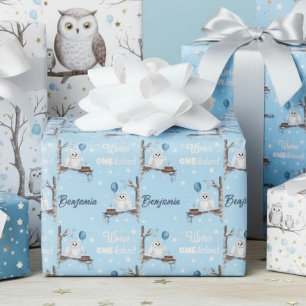 Personalise Snowy Owl Winter Onederland Birthday Wrapping Paper