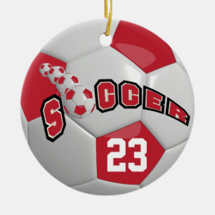 Personalise Soccer Ball Dark Red Ceramic Tree Decoration