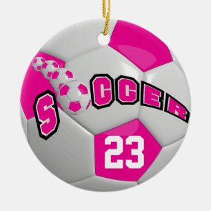 Personalise Soccer Ball Hot Pink Ceramic Tree Decoration