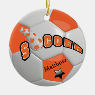 Personalise Soccer Ball Star Player Orange Ceramic Tree Decoration