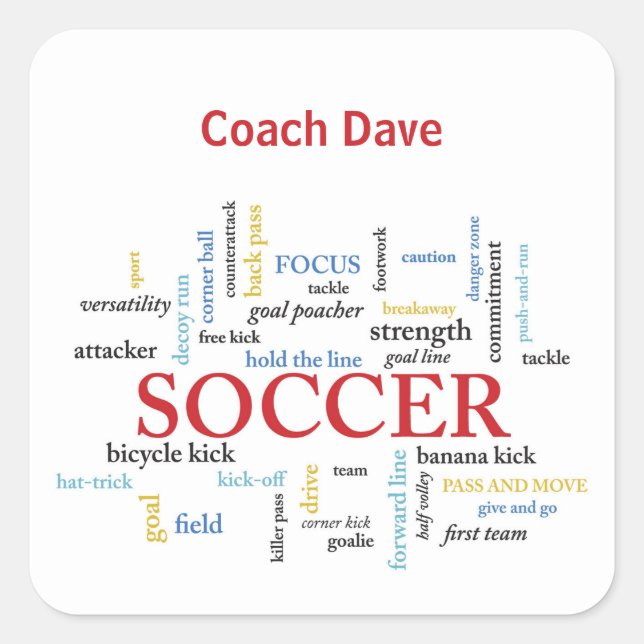 Personalise, Soccer Coach Thank You in Words Square Sticker (Front)
