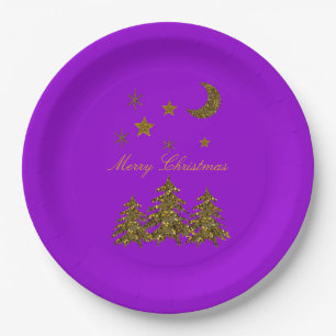Personalise, Sparkly Christmas tree, moon, stars Paper Plate