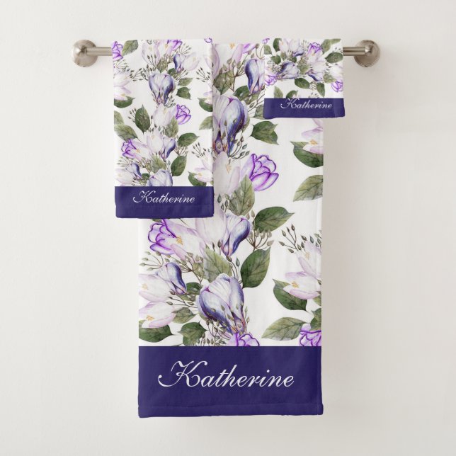 Personalise Spring Flowers Watercolor Tulip Crocus Bath Towel Set (Insitu)