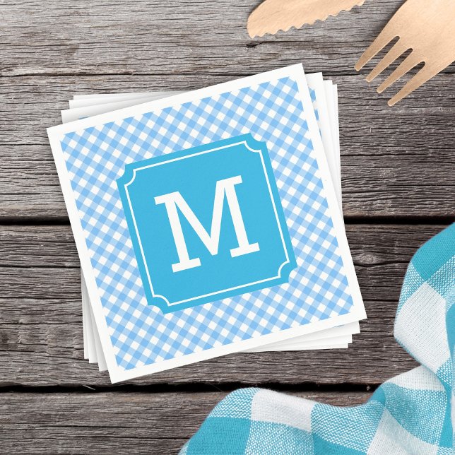 Personalise Stylish Baby Blue Gingham Monogram Napkin (Creator Uploaded)