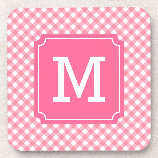 Personalise Stylish Baby Pink Gingham Monogram Coaster (Front)
