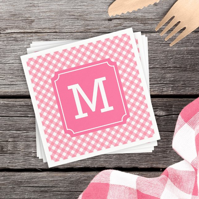 Personalise Stylish Baby Pink Gingham Monogram Napkin (Creator Uploaded)