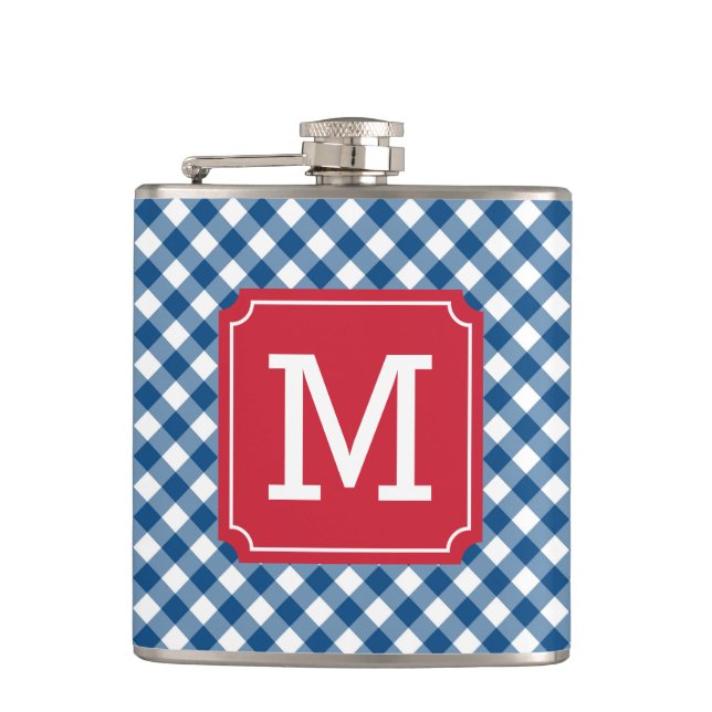 Personalise Stylish Blue Gingham Monogram Hip Flask (Front)