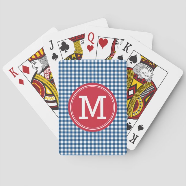 Personalise Stylish Country Blue Gingham Monogram Playing Cards (Back)