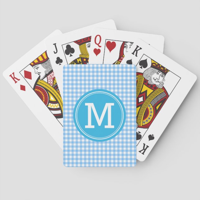 Personalise Stylish Country Blue Gingham Monogram Playing Cards (Back)