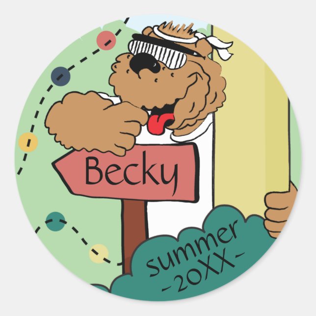 Personalise Summer Camp Bear Stickers Round (Front)