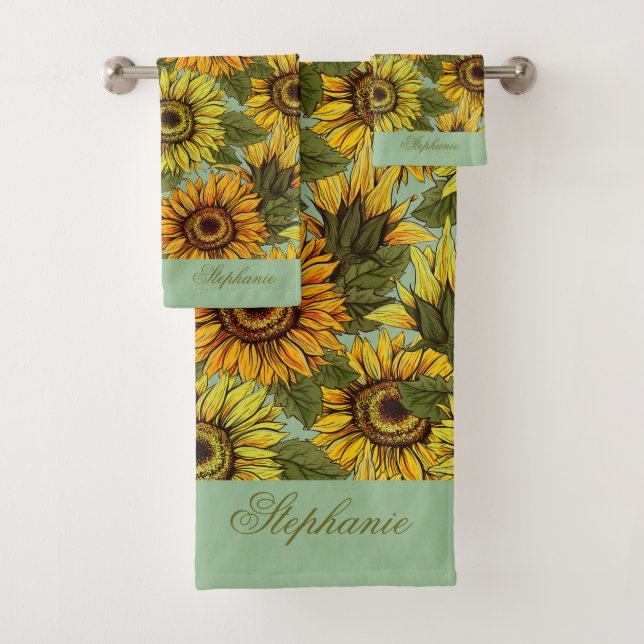 Personalise Sunflower with Foliage Sage Background Bath Towel Set (Insitu)