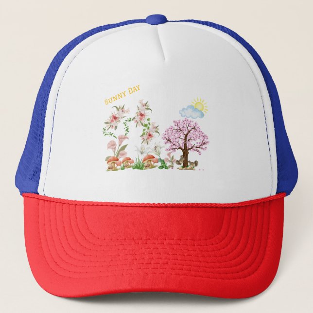 Personalise Sunny Lillies Squirrels Playing Trucker Hat (Front)