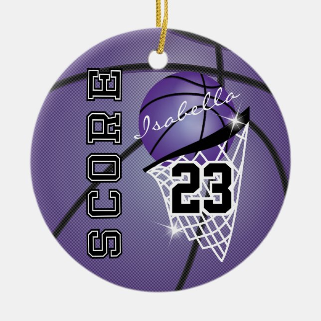 Personalise Superstar Basketball - Purple Ceramic Tree Decoration (Front)