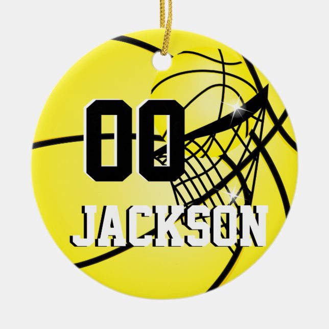 Personalise SuperStar Player Yellow Basketball Ceramic Tree Decoration (Front)