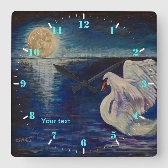Personalise Swan in the lake at full Moon Square Wall Clock (Front)