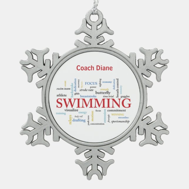 Personalise, Swimming Coach Thank You In Words Snowflake Pewter Christmas Ornament (Front)