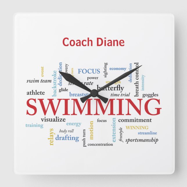 Personalise, Swimming Coach Thank You In Words Square Wall Clock (Front)