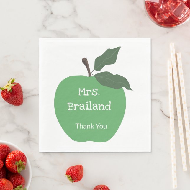 Personalise teacher name custom green apple napkin (Insitu)