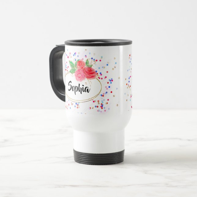 Personalise Thermal Tumb glitter rose, custom name Travel Mug (Front Left)
