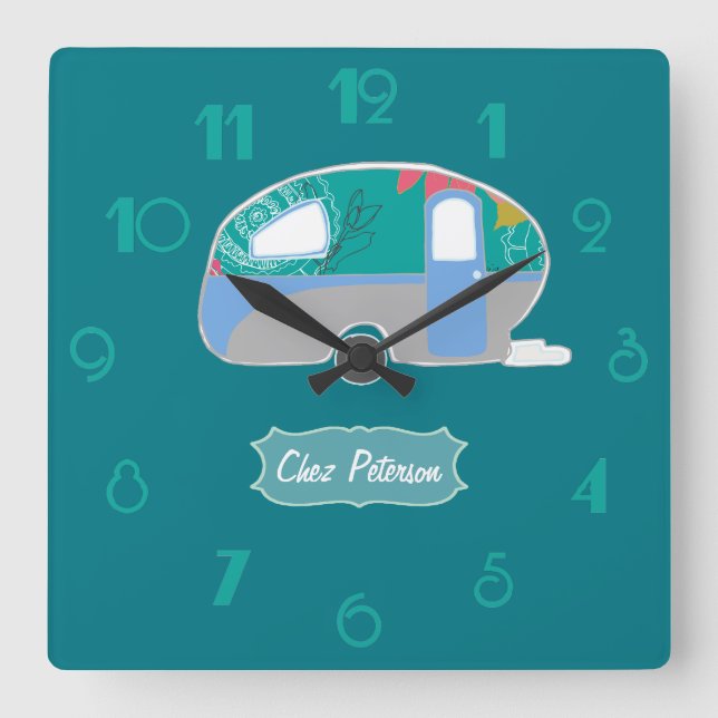 Personalise Turquoise Retro Vintage Caravan Design Square Wall Clock (Front)