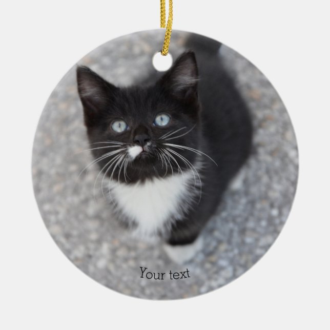 Personalise Tuxedo black and white kitten Ceramic Tree Decoration (Front)