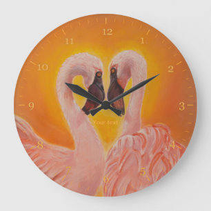Personalise Two Flamingos Love  heart Dance Large Clock