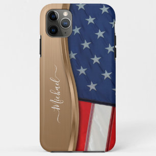 Personalise USA Flag Faux Bronze Metal Swirl iPhone 11 Pro Max Case