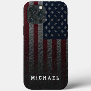 Personalise USA Flag Faux Leather Background iPhone 13 Pro Max Case