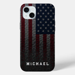 Personalise USA Flag Faux Leather Background iPhone 15 Mini Case