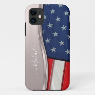 Personalise USA Flag Faux Rose Gold Metal Swirl iPhone 11 Case