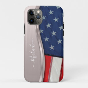 Personalise USA Flag Faux Rose Gold Metal Swirl iPhone 11 Pro Case