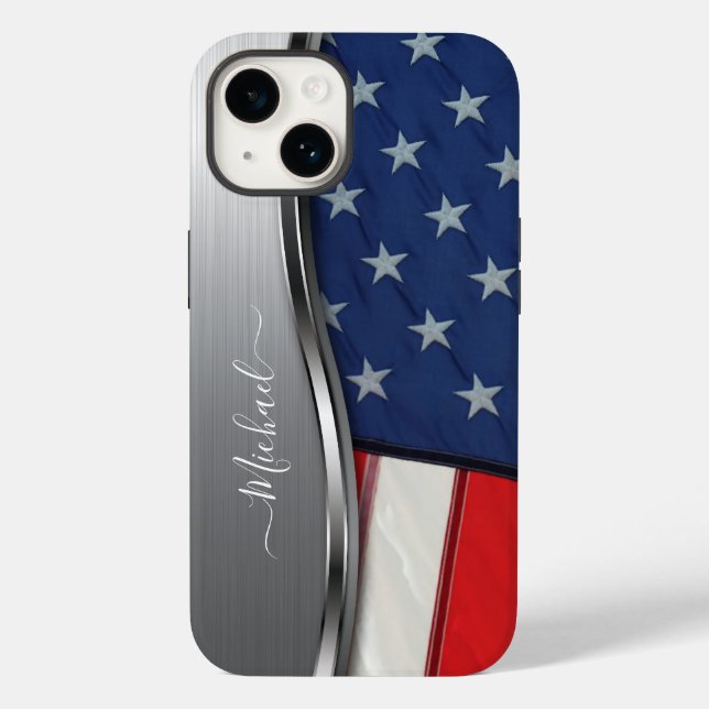 Personalise USA Flag Faux Silver Metal Swirl Case-Mate iPhone Case (Back)