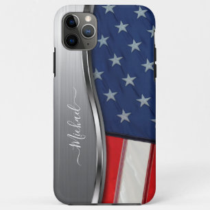 Personalise USA Flag Faux Silver Metal Swirl iPhone 11 Pro Max Case