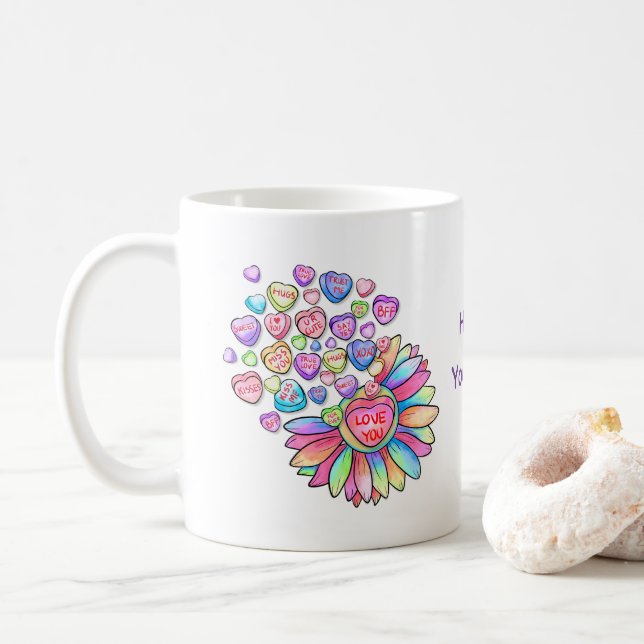 Personalise Valentine's Day Candy Hearts Gift Coffee Mug (With Donut)