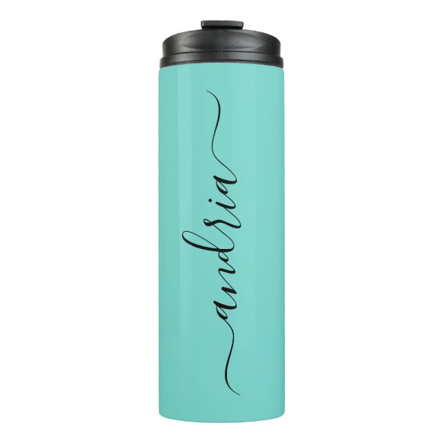 Personalise Vertical Black Script Name, Light Teal Thermal Tumbler (Front)