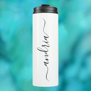 Personalise Vertical Black Script Name on White Thermal Tumbler