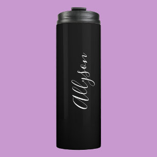 Personalise Vertical Name in White Script on Black Thermal Tumbler
