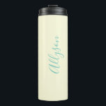 Personalise Vertical Name, Teal Script Text, Ivory Thermal Tumbler<br><div class="desc">Personalise your Name In Teal Script Text and vertical on ivory background.</div>