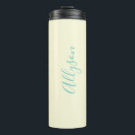 Personalise Vertical Name, Teal Script Text, Ivory Thermal Tumbler<br><div class="desc">Personalise your Name In Teal Script Text and vertical on ivory background.</div>