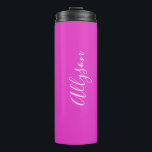Personalise Vertical Name, White, Bright Fuchsia Thermal Tumbler<br><div class="desc">Personalise your Name in vertical White Script Text and on Bright Fuchsia background. Click “Customise” to change colours and type styles.</div>