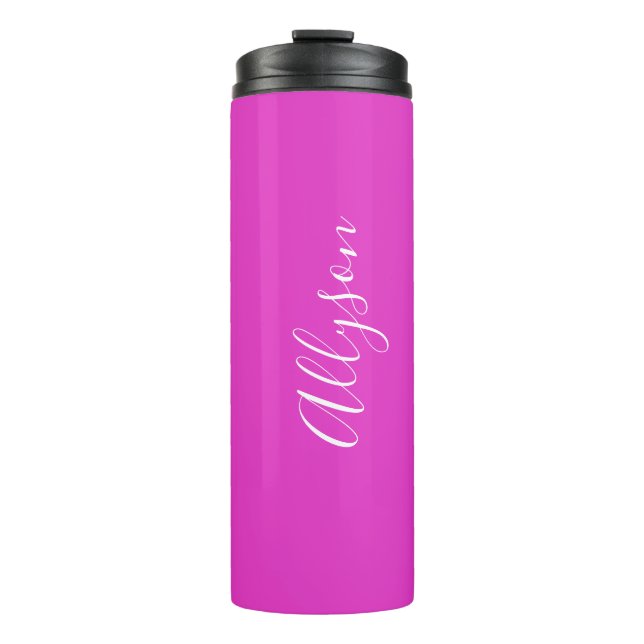 Personalise Vertical Name, White, Bright Fuchsia Thermal Tumbler (Front)