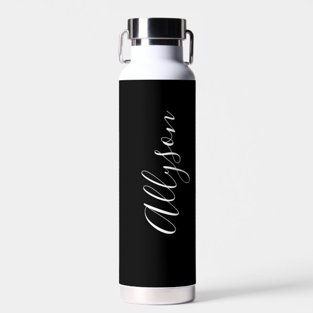 Personalise Vertical Name, White Script, Black Water Bottle (Front)