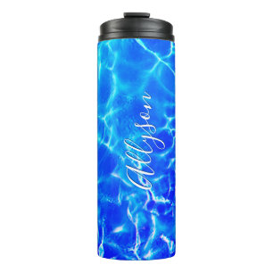 Personalise Vertical Name White Script, Blue Water Thermal Tumbler