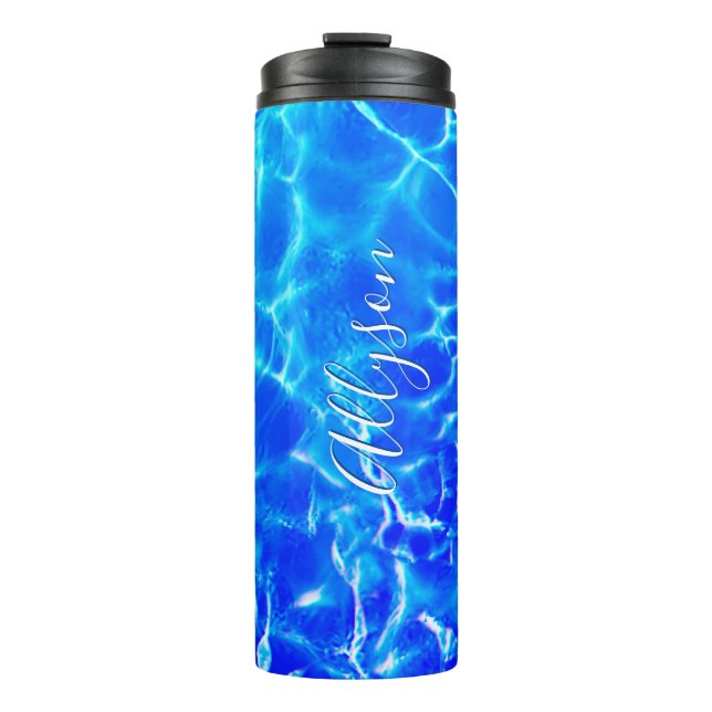 Personalise Vertical Name White Script, Blue Water Thermal Tumbler (Front)